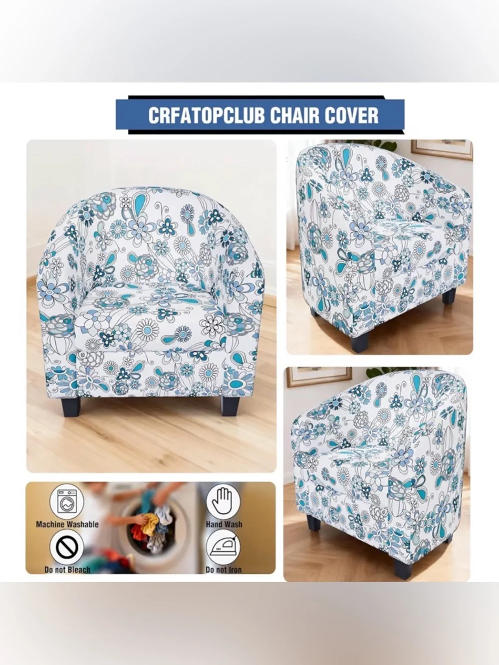 Floral Accent Tub Chair cover in White and Teal